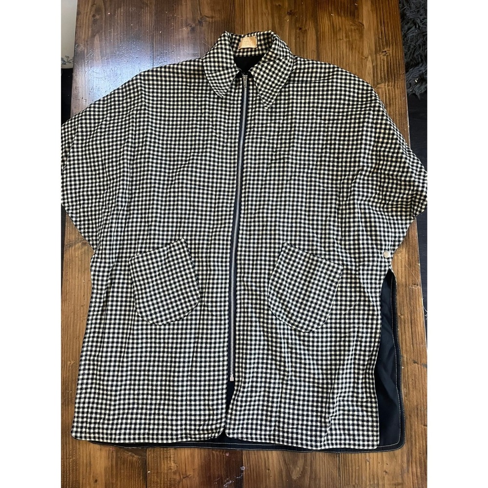 Vintage Pendleton Wool Houndstooth Zip Up‎ Poncho Cape Jacket Black White Pocket